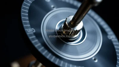 Close up of a gyroscope demonstrating conservation of angular momentum slow motion effect
