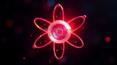Close up of a single atom with orbiting electrons quantum visualization vibrant colors dark background