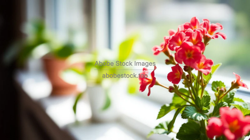 Close up of flowering kalanchoe on a windowsill