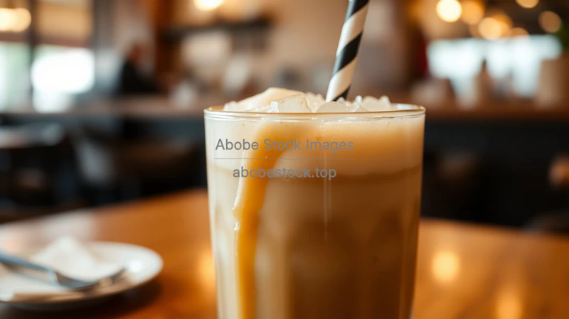 Close-up of iced caramel macchiato in a tall glass with straw and condensation