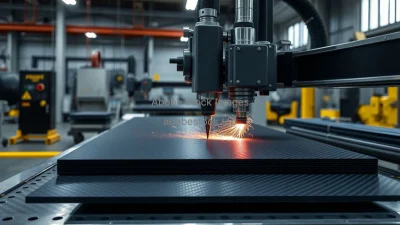 CNC cutting of carbon fiber sheets in aerospace factory black materials high precision tools cool lighting