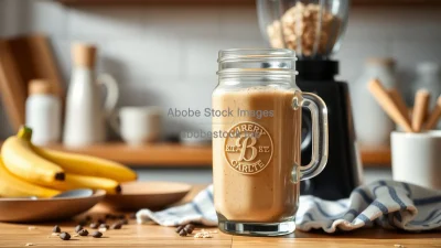 Coffee smoothie with banana and oats in blender jar