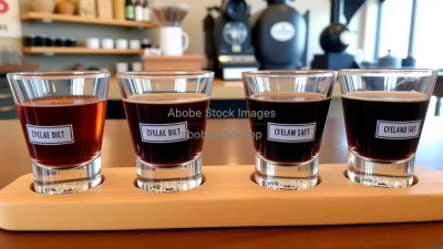 Coffee tasting flight with four small glasses labeled