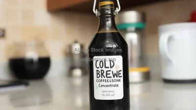 Cold brew coffee concentrate in dark glass bottle with label