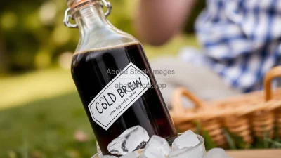 Cold brew coffee in glass bottle with label