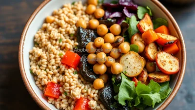 Colorful Buddha bowl with grains greens chickpeas and roasted vegetables