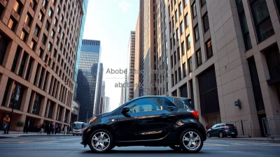 Compact city car parked between tall skyscrapers modern architecture background