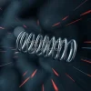 Compressed spring releasing energy with motion blur and force vectors visualized educational style