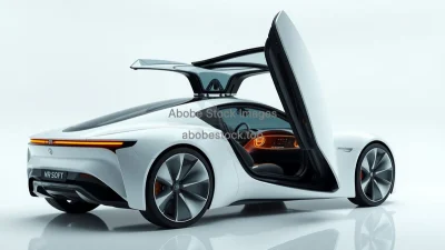Concept car with transparent doors in a white futuristic studio clean design