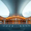 Contemporary airport terminal with sweeping roof