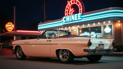 Convertible in front of a classic American diner neon lights evening