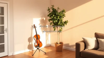 Corner of living room with violin stand and tall ficus tree