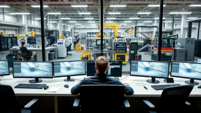 Coworking control area overlooking automated production floor glass walls tech industrial vibe