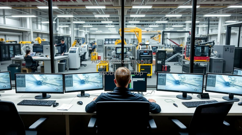 Coworking control area overlooking automated production floor glass walls tech industrial vibe