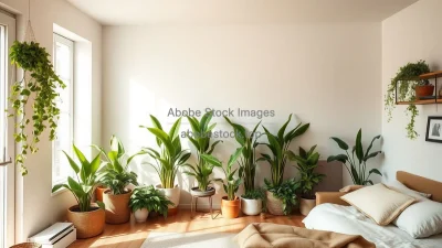 Cozy studio apartment with plants dividing the living and sleeping areas