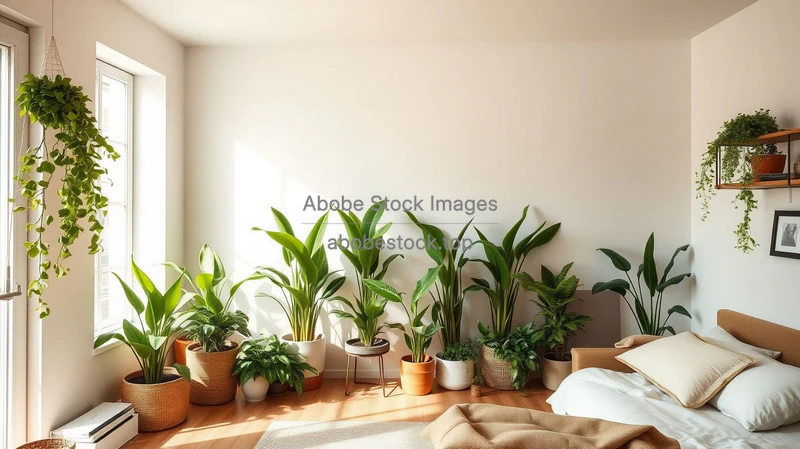 Cozy studio apartment with plants dividing the living and sleeping areas