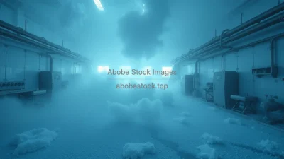 Cryogenic laboratory with liquid nitrogen clouds metal dew and cold surfaces cinematic atmosphere