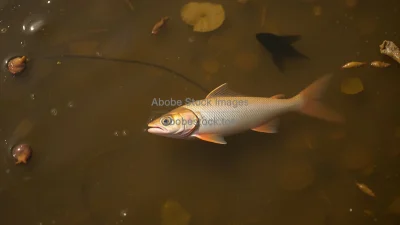 Dead fish floating on the surface of an overheated polluted river close up