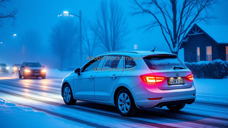 Delivery car covered in snow delivering packages in early morning blue hour
