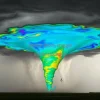 Detailed simulation of a tornado with velocity vectors and pressure maps meteorological physics