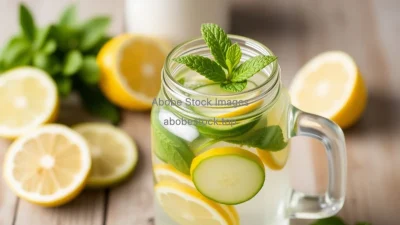 Detox infused water with cucumber lemon and mint in a glass jar