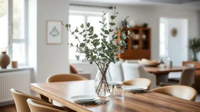 Dining area with eucalyptus branches in a glass vase