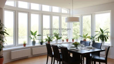 Dining room with wall of windows and row of potted plants on sill