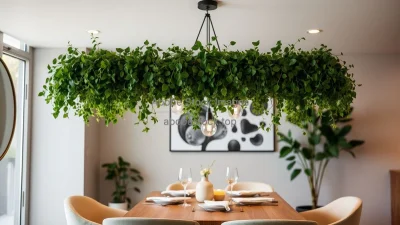 Dining space with hanging greenery above the table