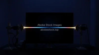 Double slit experiment setup with bright interference pattern on a screen dark lab environment