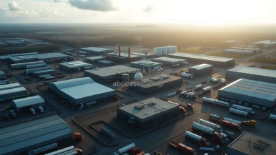 Drone shot above sprawling industrial complex with multiple factories warehouses and trucks cinematic aerial