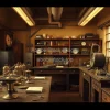 Early 20th century physics lab with brass instruments coils and galvanometers warm sepia tones