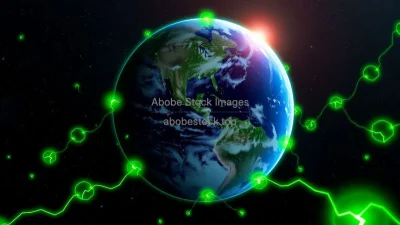 Earth from space surrounded by green energy symbols