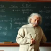 Einstein writing equations on a chalkboard in a vintage classroom soft natural light realistic style