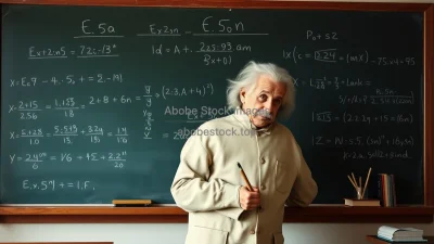 Einstein writing equations on a chalkboard in a vintage classroom soft natural light realistic style