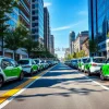 Electric car sharing vehicles lined up along a modern city street