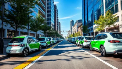 Electric car sharing vehicles lined up along a modern city street