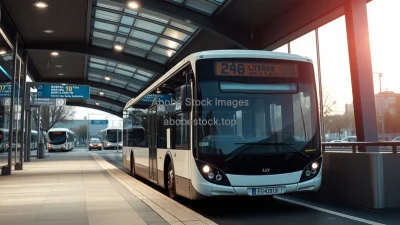 Electric city bus stopping at a modern glass bus station early morning soft light
