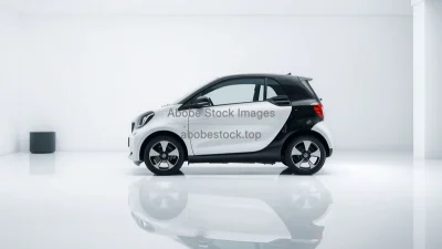 Electric compact car in a minimalist white environment reflection on floor