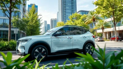Electric crossover driving through a modern eco friendly city lots of greenery