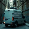 Electric delivery van in a narrow urban alley graffiti on walls cinematic