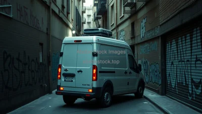 Electric delivery van in a narrow urban alley graffiti on walls cinematic