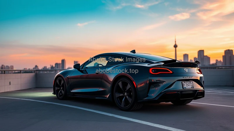 Electric sports car on a rooftop parking lot city skyline sunset background