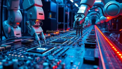 Electronics assembly line with robotic arms placing microchips on circuit boards neon reflections high detail