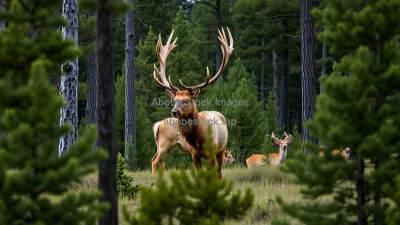 Elk standing among tall pines