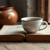 Espresso in rustic ceramic cup on old book