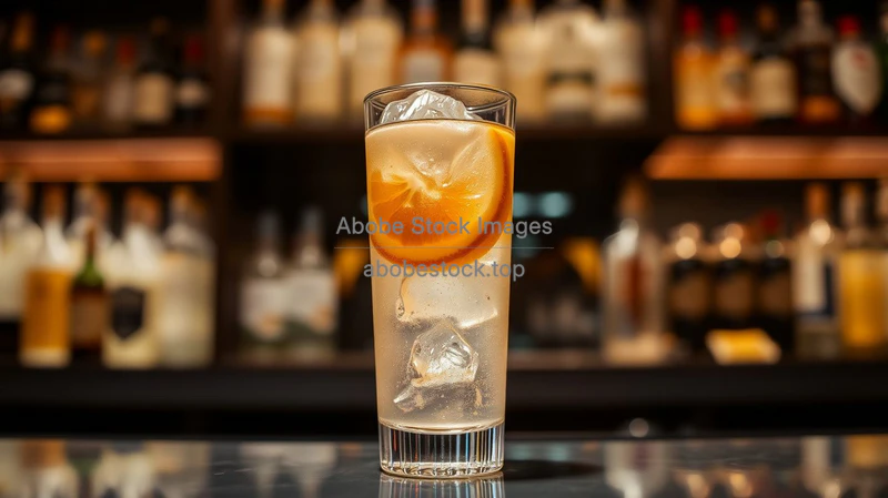 Espresso tonic in clear glass with ice and orange slice