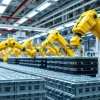 Factory for electric vehicle batteries with yellow robotic arms stacking cells clean modern interior