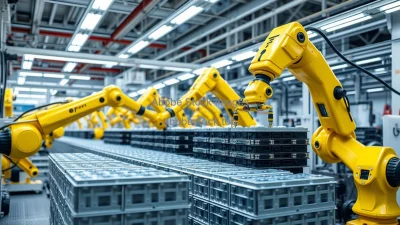 Factory for electric vehicle batteries with yellow robotic arms stacking cells clean modern interior