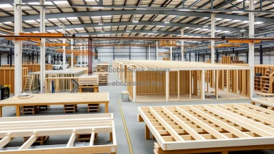 Factory producing modular homes interior view of assembly of walls floors and roofs organized workflow