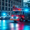 Fire truck rushing through a city street wet asphalt emergency lights reflecting